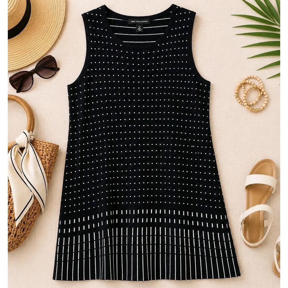 Saks Fifth Avenue Large Sleeveless Sweater Dress Black White Knit A-Line